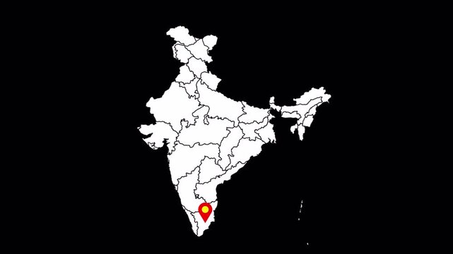 India map Tamil Nadu highlight animation, state location pin drop, Indian states outline with marked region, clean alpha background, geographic locator point, state position indicator and region mappi