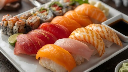 Artistic close up of colorful sushi and maki roll arrangement on a platter