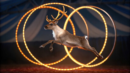Christmas reindeer jumps through scary weird dark glowing circus rings under tent festive atmosphere