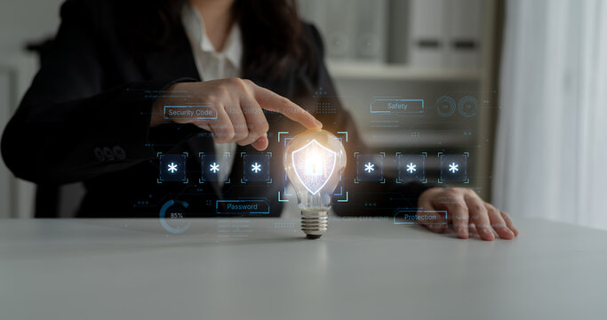 A concept of an advanced cybersecurity system. The futuristic interface shows a multi-factor authentication process using a secure password or PIN for enhanced data protection. Fermion