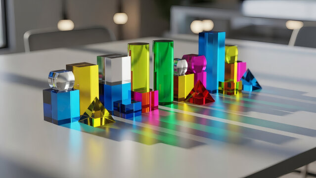 Abstract colorful geometric shapes casting long shadows on a white surface, symbolizing diversity and creativity