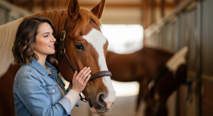 Woman tenderly petting a beautiful horse in a warm stable