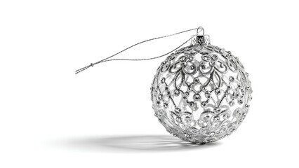 A delicate silver filigree Christmas ornament hangs against a stark white background, casting a soft shadow.