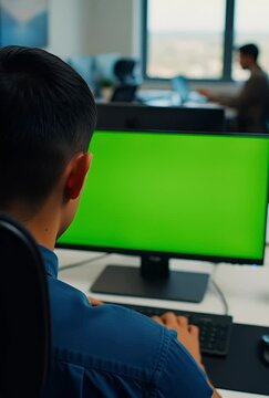 Modern workspace video showing developer coding with green screen monitor for easy customization, perfect for tech tutorials and software demos