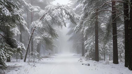 A serene winter scene depicting a snow-covered forest path lined with tall pine trees under a misty sky.