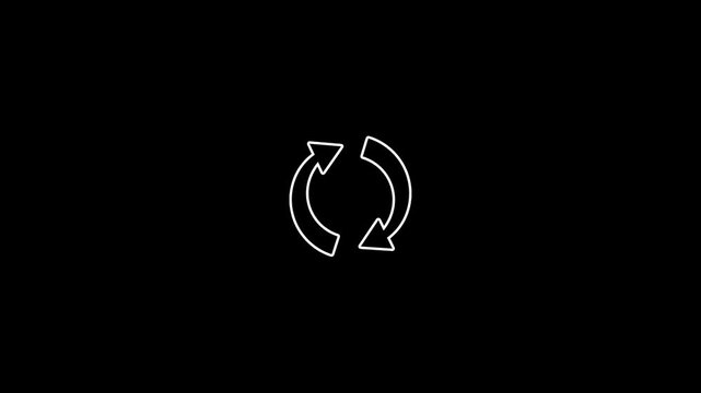 White outline circular arrows symbol on a bright Black background Keywords: refresh, reload, repeat, recycle, loop, circular, arrows, symbol, icon, update..4k