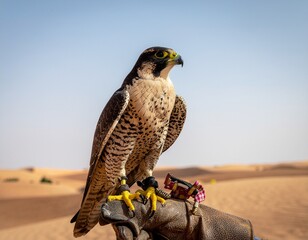 A majestic peregrine falcon with striking plumage perches on a falconer's leather glove against a backdrop of golden desert sand dunes