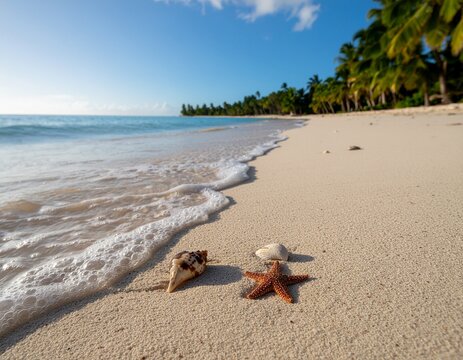 A starfish and two seashells on a pristine white sandy beach with gentle turquoise waves washing ashore on a sunny day