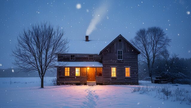 Cozy cabin in winter landscape with snow and warm light.