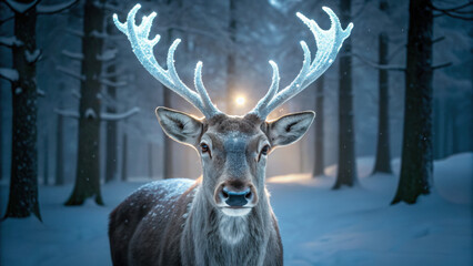 Fototapeta premium Christmas magic glows in dark snowy forest as weird scary reindeer with frosty antlers stands alert under moonlight