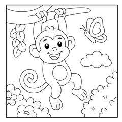 Cheerful Monkey Hanging on Tree – Coloring Page for Kids 