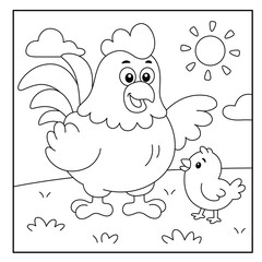 Cute Hen and Chick on Sunny Farm – Kids Coloring Page
