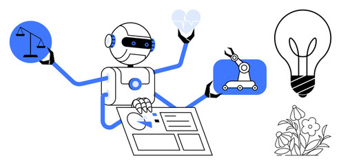 Robot managing scales of justice, heart, robot arm, information panel, and lightbulb alongside a flower. Ideal for AI, automation, innovation ethics sustainability creativity technology. Simple