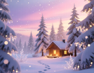 Fototapeta premium A cozy wooden cabin glows warmly in a magical snow-covered forest at twilight, surrounded by candlelight and falling snowflakes. Perfect for winter wonderland themes and holiday cards