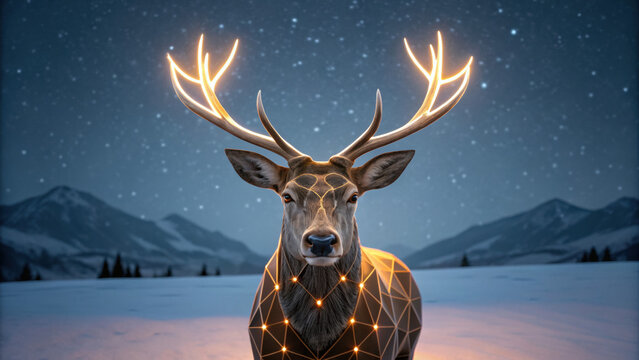 Christmas night with scary weird dark deer glowing in snowy mountains under starry sky, blending nature and futuristic light
