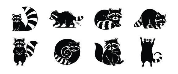 Whimsical Raccoon Icon Collection Cute Forest Dweller Graphics in Silhouette © Sunnn