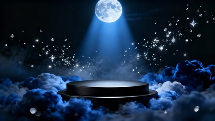 Opulent Matte Black Product Podium on Midnight Clouds, Cinematic Moonlight Showcase