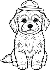 Adorable sitting puppy with fluffy fur and a stylish hat a black and white coloring page drawing.