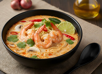 Tom yum kung with noodles , thai style instant spicy noodles with shrimp , noodles tom yum with shrimp.