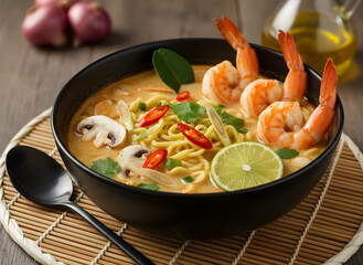 Tom yum kung with noodles , thai style instant spicy noodles with shrimp , noodles tom yum with shrimp.