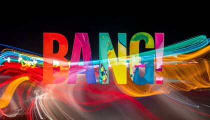 Colorful "BANG!" text overlayed on a long exposure light trail background