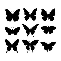 Silhouettes of butterflies, Insect butterfly black silhouettes, Set of tattoo and sticker type vector butterflies