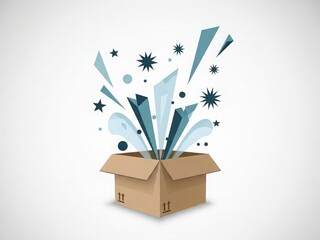 Cardboard box opens with abstract shapes and stars exploding outwards