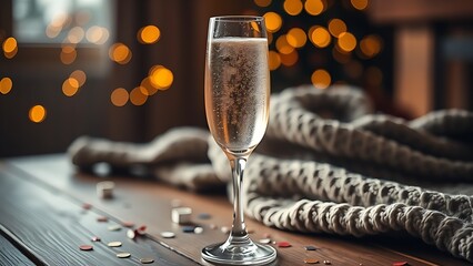 dcf. A champagne flute with golden bubbles on a wooden table beside a cozy blanket and festive confetti. bar promotions, beverage menus, designed for food & beverage menus and cafe branding.