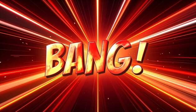 A bold comic book style "BANG!" text graphic, exploding outwards with vibrant fiery rays - Powered by Adobe