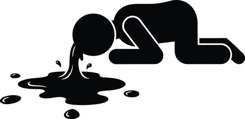 Black silhouette icon of a person kneeling and vomiting a thick dark liquid onto the floor.