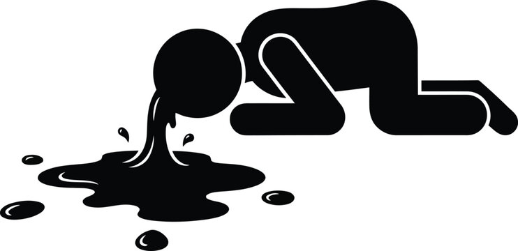 Black silhouette icon of a person kneeling and vomiting a thick dark liquid onto the floor.
