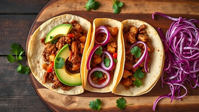 carnitas. Vibrant Mexican street tacos arranged on a rustic wooden board, celebrating fresh and flavorful ingredients. menu design. - Powered by Adobe