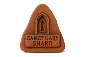 Terracotta sanctuary shard with keyhole and text on transparent background