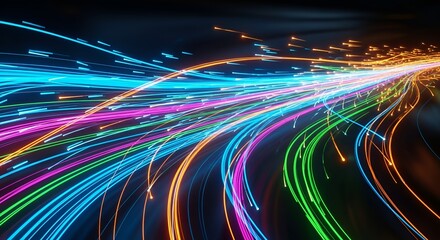Abstract vibrant light trails on dark background, showcasing technological advancement