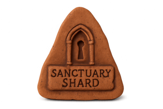 Terracotta sanctuary shard with keyhole and text on transparent background