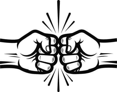 Bold black and white line art illustration of a fist bump with radiating impact lines.