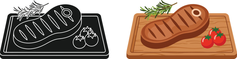 Grilled steak with tomatoes and herbs depicted in color and monochrome styles