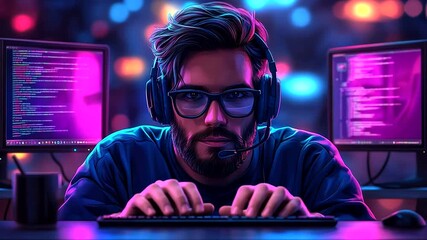 Focused gamer immersed in coding at night