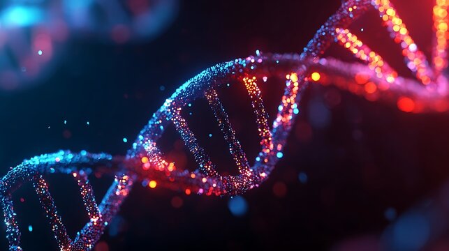 Abstract glowing dna helix with vibrant blue and red light particles