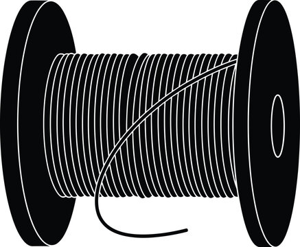 A black spool filled with coiled silver wire simple graphic illustration