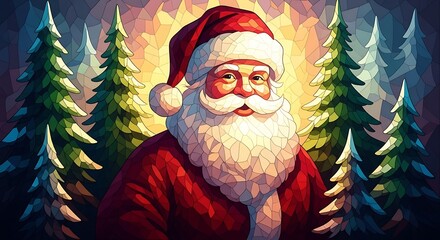 Jolly Stained Glass Santa Claus Portrait with Glowing Evergreen Trees, Festive Holiday Art