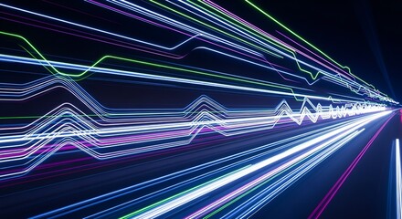 Futuristic data flow with illuminated neon lines against a dark backdrop