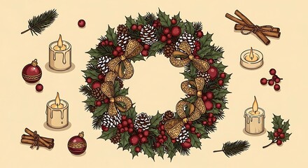 Ornate Hand-Drawn Christmas Wreath Surrounded by Festive Candles and Spices