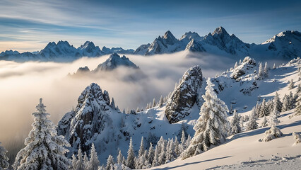 Snowy mountain peaks piercing through clouds with frosted pine trees in the foreground under a clear blue sky