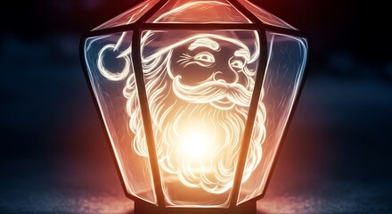 Illuminated Santa Claus Silhouette Inside a Festive Lantern, Glowing Christmas Art.