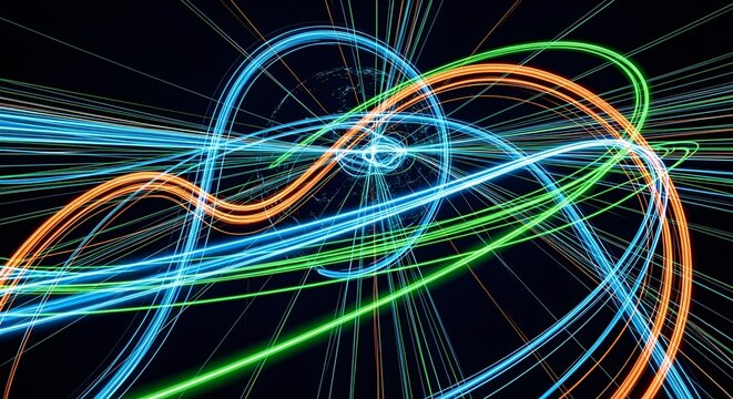 Futuristic glowing lines, colorful light trails in a dark space technology concept