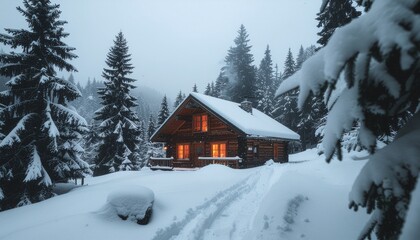 Fototapeta premium A cozy wooden cabin with glowing windows nestled in a serene, snow-covered winter forest landscape.