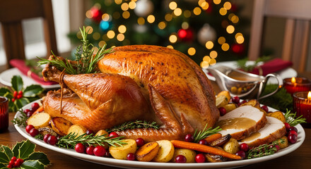 Roasted Christmas Turkey with Holiday Decorations and Warm Festive Lights