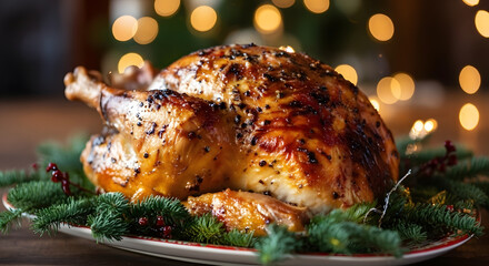 Roasted Christmas Turkey with Holiday Decorations and Warm Festive Lights