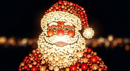 Santa Claus Portrait Made of Illuminated Paper Lanterns Against Dark Night Sky